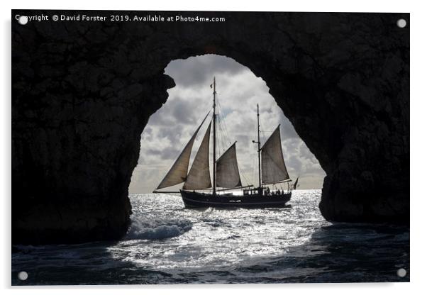 Tallship Framed by the Rock Arch of Durdle Door Acrylic by David Forster