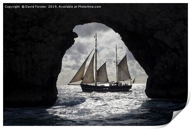 Tallship Framed by the Rock Arch of Durdle Door Print by David Forster