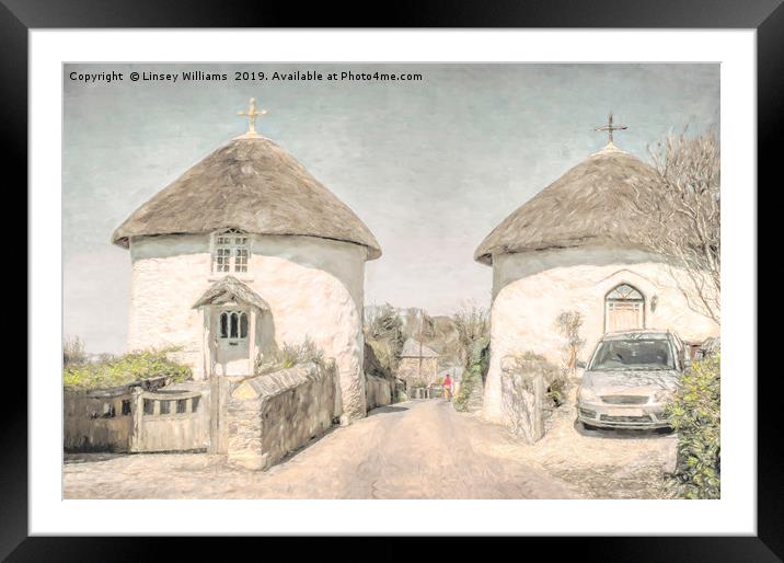 Thatched Roundhouse cottages in Cornwall Framed Mounted Print by Linsey Williams