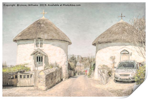 Thatched Roundhouse cottages in Cornwall Print by Linsey Williams