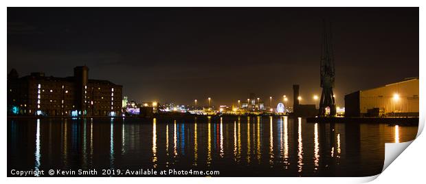 Liverpool skyline across Birkenhead Docks at night Print by Kevin Smith