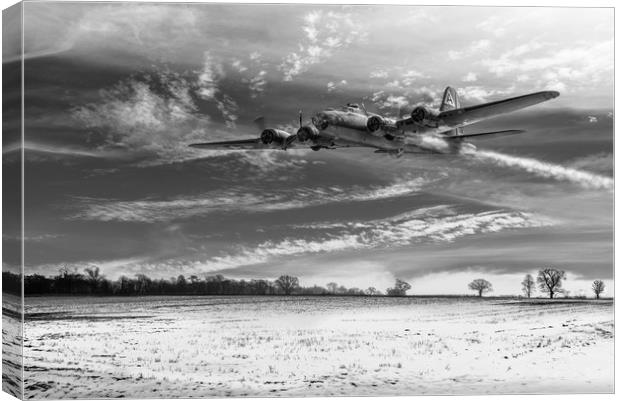 B-17 on a wing and a prayer B&W version Canvas Print by Gary Eason