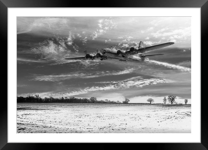 B-17 on a wing and a prayer B&W version Framed Mounted Print by Gary Eason