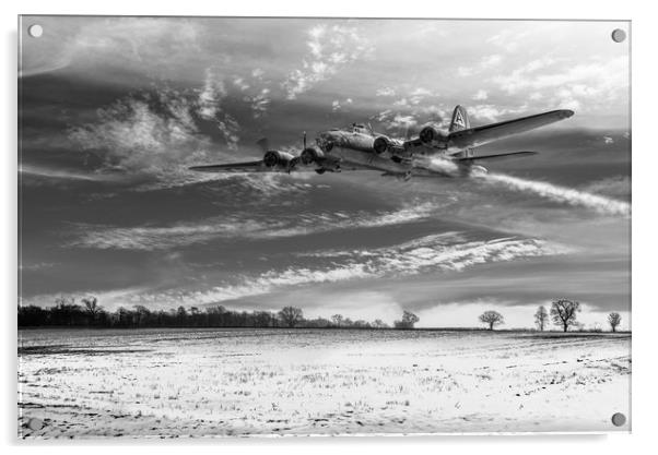 B-17 on a wing and a prayer B&W version Acrylic by Gary Eason