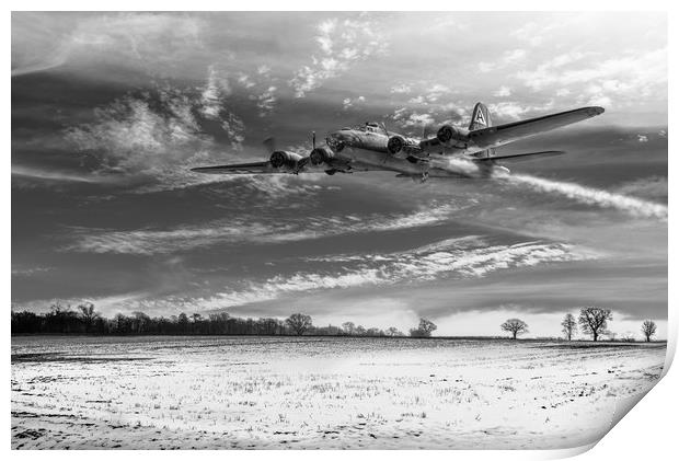 B-17 on a wing and a prayer B&W version Print by Gary Eason