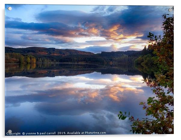 Loch Drunkie sunset in Autumn, Trossachs, Scotland Acrylic by yvonne & paul carroll