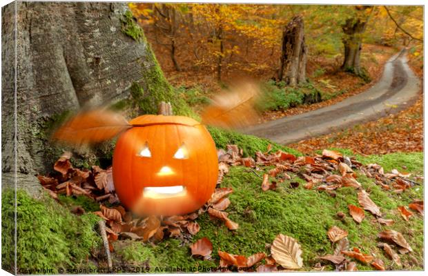 Halloween pumpkin in autumn woodland Canvas Print by Simon Bratt LRPS