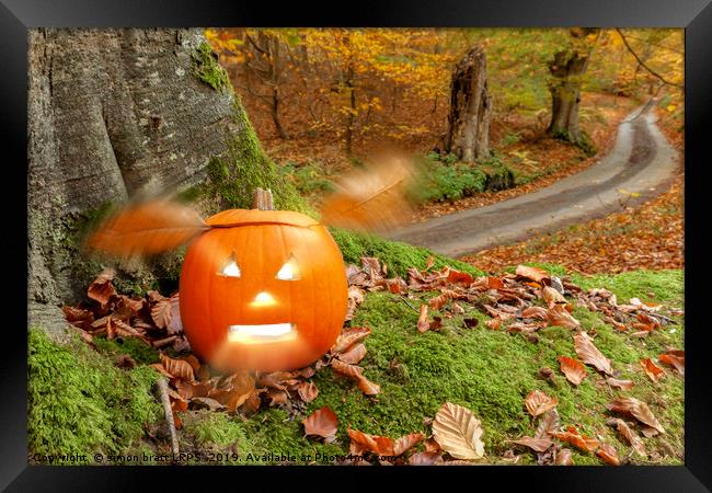Halloween pumpkin in autumn woodland Framed Print by Simon Bratt LRPS