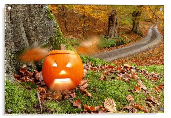Halloween pumpkin in autumn woodland Acrylic by Simon Bratt LRPS