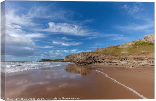 Reflections at Mewslade Beach Canvas Print by Jo Evans