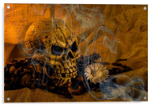 Skull Smoke And Flowers Acrylic by Steve Purnell