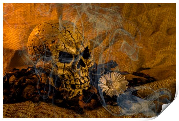 Skull Smoke And Flowers Print by Steve Purnell