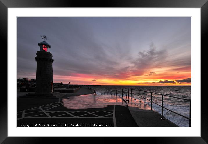 Teignmouth Lighthouse at Sunrise and High Tide Framed Mounted Print by Rosie Spooner