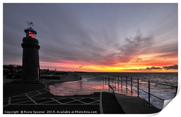 Teignmouth Lighthouse at Sunrise and High Tide Print by Rosie Spooner