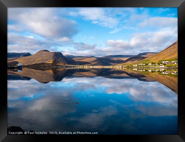 Fjord reflections in Iceland Framed Print by Paul Nicholas