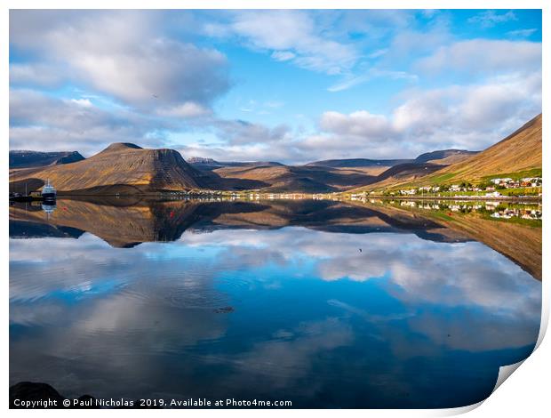 Fjord reflections in Iceland Print by Paul Nicholas