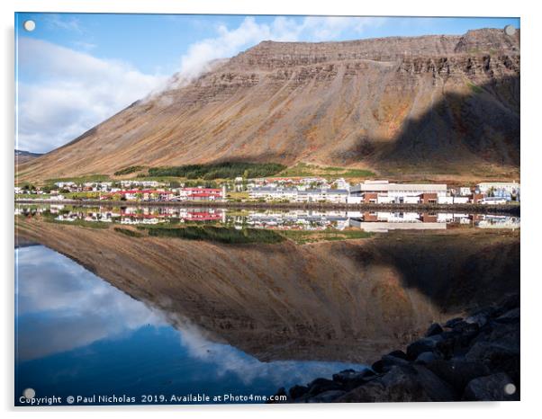 Isafjordur town in Iceland reflecting in the fjord Acrylic by Paul Nicholas
