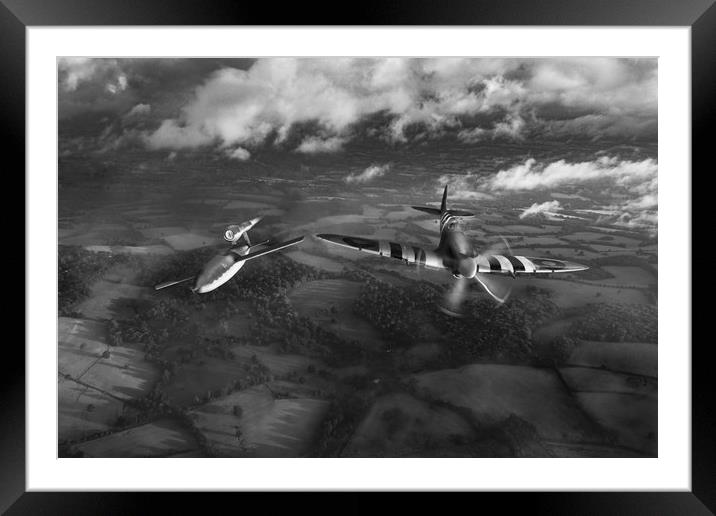 Spitfire tipping V1 flying bomb, B&W version Framed Mounted Print by Gary Eason