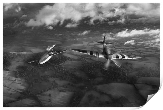 Spitfire tipping V1 flying bomb, B&W version Print by Gary Eason