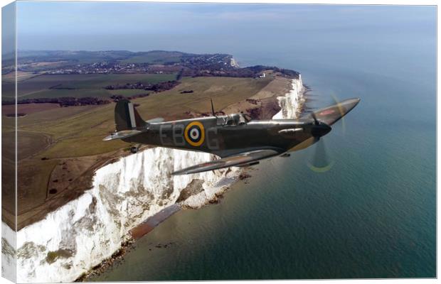 Supermarine Spitfire P7350 Over The Cliffs Canvas Print by J Biggadike