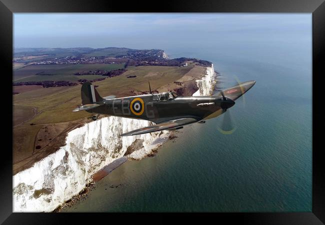 Supermarine Spitfire P7350 Over The Cliffs Framed Print by J Biggadike