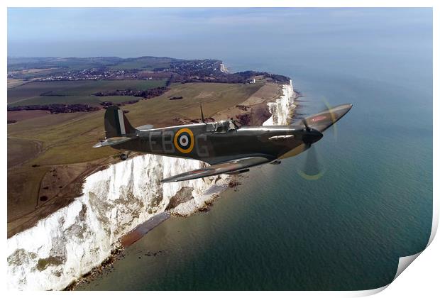 Supermarine Spitfire P7350 Over The Cliffs Print by J Biggadike