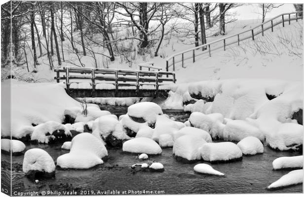 Cwmtillery Lake Foot Bridge after Heavy Snow. Canvas Print by Philip Veale