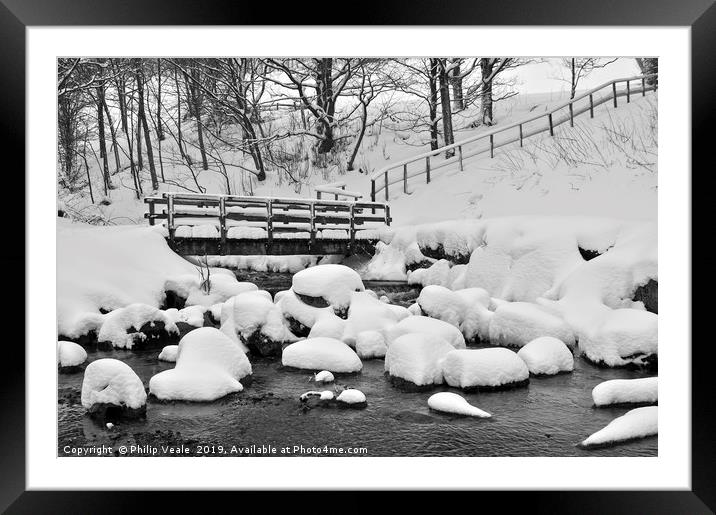 Cwmtillery Lake Foot Bridge after Heavy Snow. Framed Mounted Print by Philip Veale
