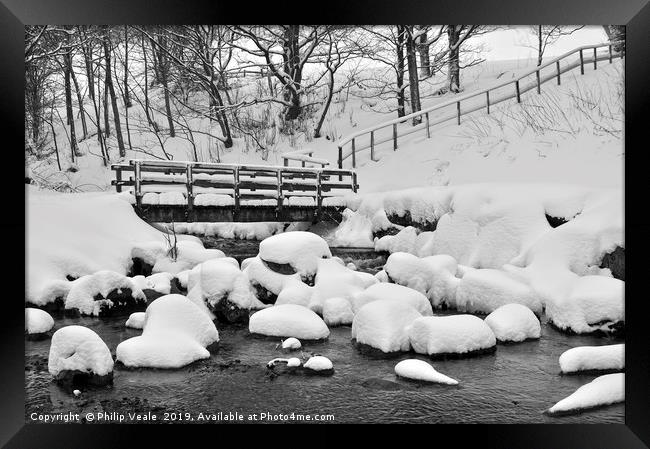 Cwmtillery Lake Foot Bridge after Heavy Snow. Framed Print by Philip Veale