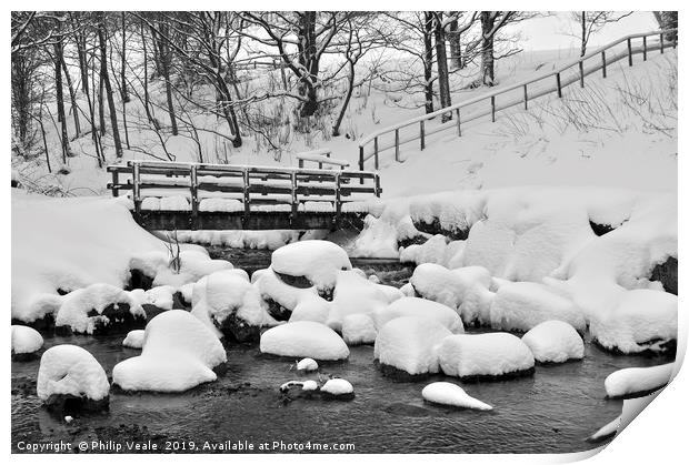 Cwmtillery Lake Foot Bridge after Heavy Snow. Print by Philip Veale