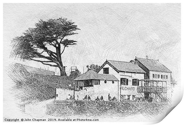 The Pilchard Inn at Burgh Island in sketch format Print by John Chapman
