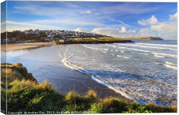 Polzeath at High Tide Canvas Print by Andrew Ray