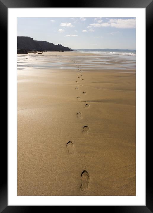 Footsteps on a deserted Cornish beach Framed Mounted Print by Tony Twyman