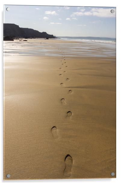 Footsteps on a deserted Cornish beach Acrylic by Tony Twyman