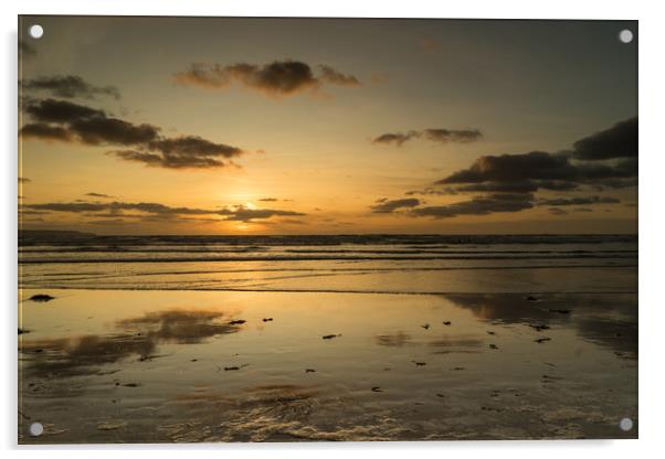 Reflective sunset at Westward Ho in Devon Acrylic by Tony Twyman