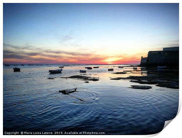 Sunset at La Caleta Beach, Cadiz Print by Maria Luisa Latorre