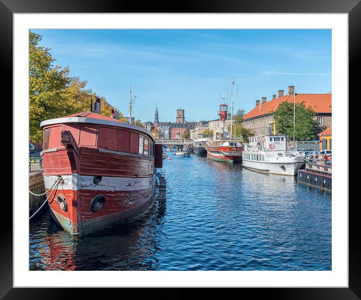 Copenhagen Canal Scene with Red Barge Framed Mounted Print by Antony McAulay