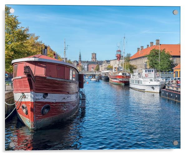 Copenhagen Canal Scene with Red Barge Acrylic by Antony McAulay
