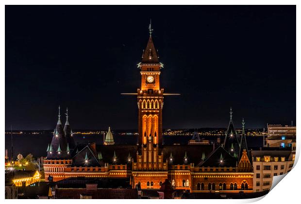 Helsingborg Town Hall at Nightime Print by Antony McAulay