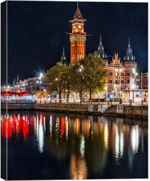 Helsingborg Town Hall Nightime With Reflection Canvas Print by Antony McAulay
