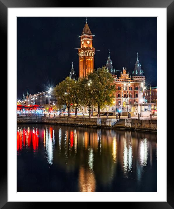 Helsingborg Town Hall Nightime With Reflection Framed Mounted Print by Antony McAulay