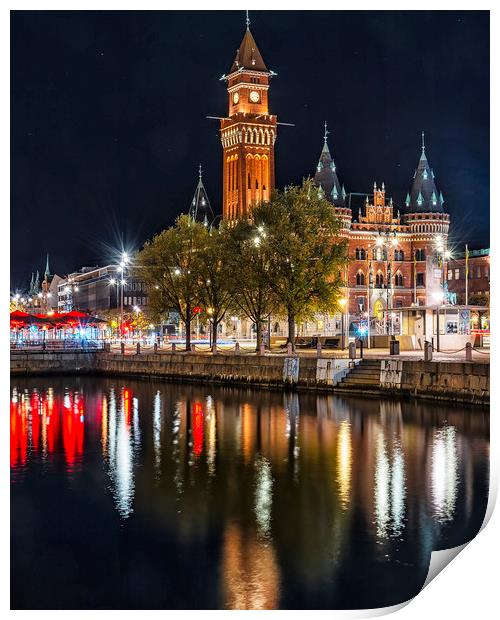 Helsingborg Town Hall Nightime With Reflection Print by Antony McAulay