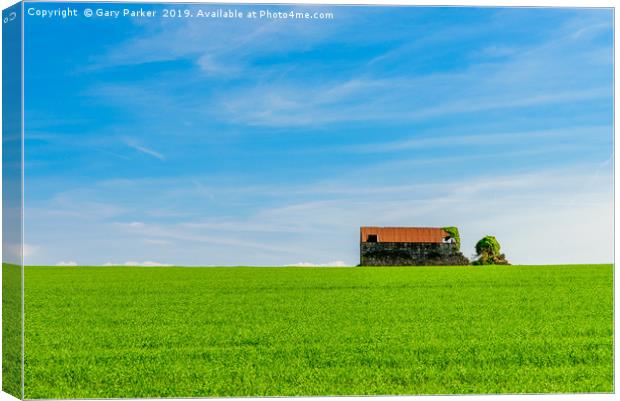 Abandoned farm building, standing in a green field Canvas Print by Gary Parker