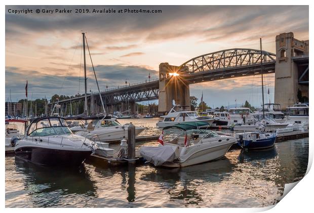 Sunburst through Burrard Bridge, Vancouver, Canada Print by Gary Parker