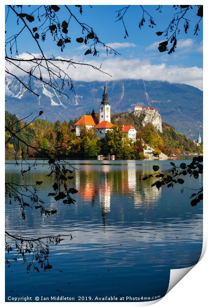 Autumn colours at Lake Bled Print by Ian Middleton