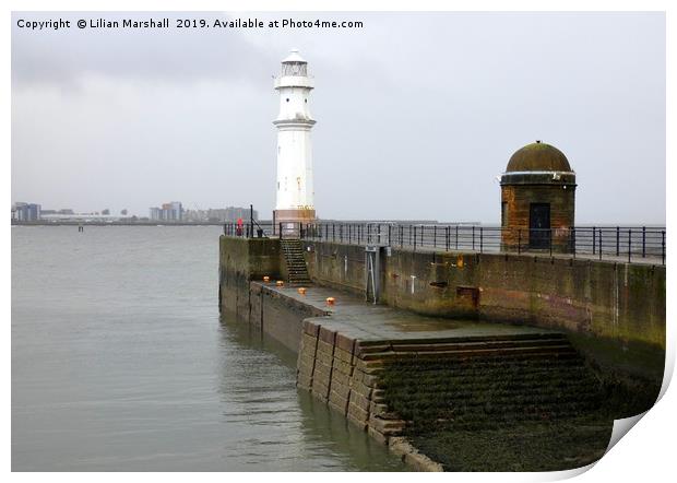 Misty Newhaven Lighthouse.  Print by Lilian Marshall