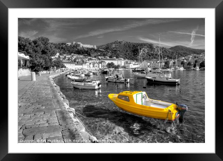 Yellow boat of Hvar in mono Framed Mounted Print by Rob Hawkins