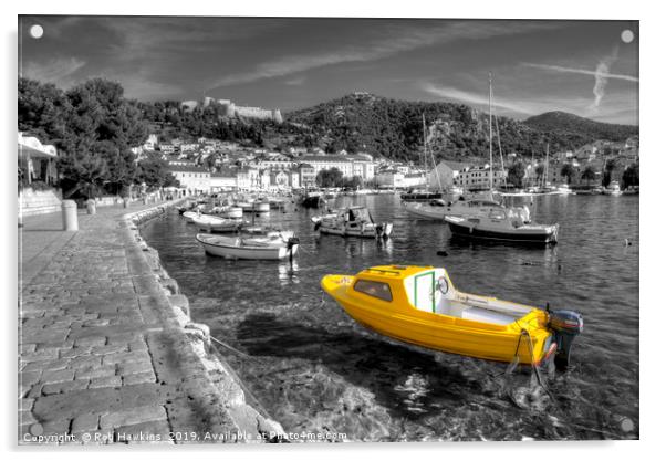 Yellow boat of Hvar in mono Acrylic by Rob Hawkins