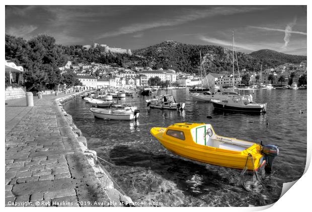Yellow boat of Hvar in mono Print by Rob Hawkins
