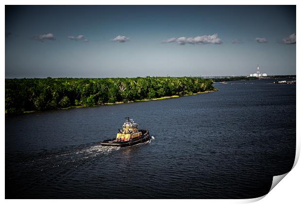 Dark Tugboat on River Print by Darryl Brooks